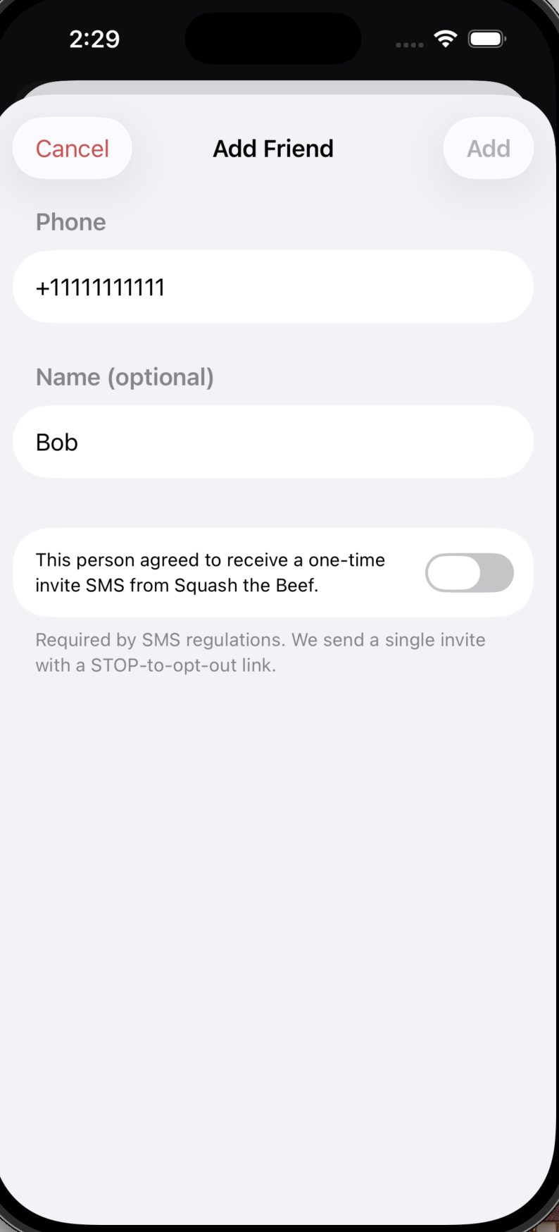 Screenshot of the Add Friend modal in Squash the Beef showing the consent toggle